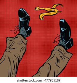 Slipping on the banana pop art retro comic drawing illustration. Men boots and a yellow banana peel