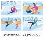 Slipping on ice flat color vector illustration set. Woman hit head. Child bumped knee. Man on ice skates. Falling 2D cartoon characters with winter urban scenery on background collection