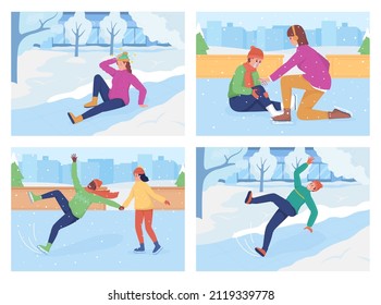 Escurriéndose sobre el conjunto de ilustración vectorial de color plano de hielo. La mujer golpeó la cabeza. Rodilla de niño golpeada. Hombre en patines de hielo. Caída de personajes de dibujos animados 2D con paisaje urbano invernal sobre la colección de fondo