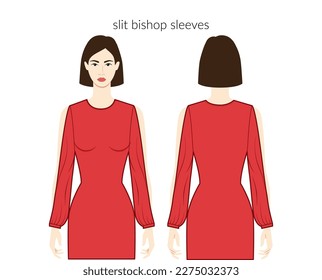 Slit bishop sleeves long length clothes character beautiful lady in red top, shirt, dress technical fashion illustration with fitted body. Flat apparel template front, back. Women, men unisex mockup