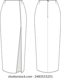 with slit darted zippered body-con straight midi long maxi skirt template technical drawing flat sketch cad mockup fashion woman design style model jean denim leather 