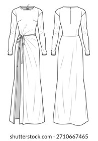 Slit dress design technical flat sketch vector mockup template.