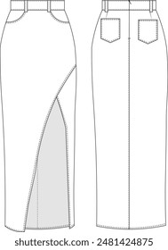 slit maxi long skirt template technical drawing flat sketch cad mockup denim jean fashion woman design style model