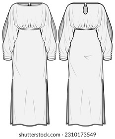 Vestido Maxi de la Línea Imperio de la Manga Corrediza con la vista frontal y trasera. Moda Ilustración, Vector, CAD, Dibujo Técnico, Plano Plano, Plantilla, Trampa.