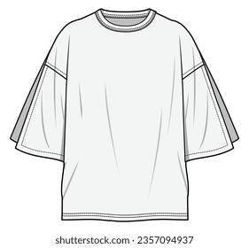 Slit Sleeve Oversized Baggy T-shirt  Fashion Flat Sketch Vector Illustration, CAD, Technical Drawing, Flat Drawing, Template, Mockup.