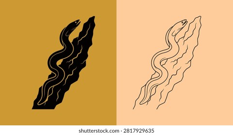 Slithering eel silhouette and line art illustration with wildlife, creature
