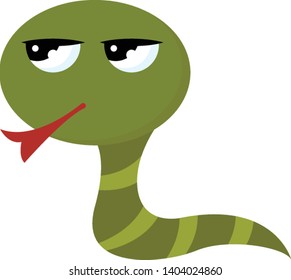 A slithering green snake with head raised has a forked red tongue and pale-green yellow bands on its body over white background viewed from the front, vector, color drawing or illustration.