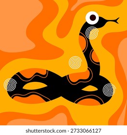 gleitende Schlange mit kreisförmigen Stammesmarken auf lebendigem orangefarbenem Fluidwellenhintergrund