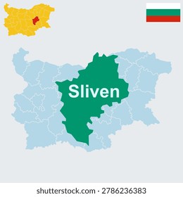 Sliven Bulgaria Map and Flag - Sinite Kamani Nature Park, Blue Rocks and Regional Capital Vector Outline.