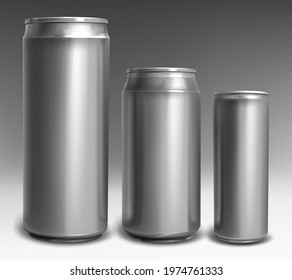 Sliver aluminium cans different sizes for soda, beer, energy drink, cola, juice or lemonade isolated on gray background. Vector realistic mockup, template of metal tin can for cold beverage front view