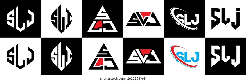 Diseño de logotipo de la letra SLJ en seis estilos. SLJ polígono, círculo, triángulo, hexágono, estilo plano y simple con logo de letra de variación de color blanco y negro en una mesa de trabajo. Logotipo minimalista y clásico de SLJ