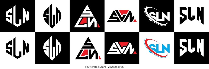 Diseño del logotipo de la letra del SLN en seis estilos. SLN polígono, círculo, triángulo, hexágono, estilo plano y simple con logo de letra de variación de color blanco y negro en una mesa de trabajo. Logotipo minimalista y clásico del SLN