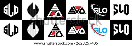 SLO letter logo design in six style. SLO polygon, circle, triangle, hexagon, flat and simple style with black and white color variation letter logo set in one artboard. SLO minimalist and classic logo