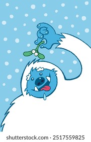 Slobbering Abominable Snowman holding a up piece of Mistletoe for a Festive Kiss