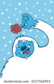 Slobbering Abominable Snowman holding a Romantic Red Rose