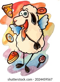 Una oveja de glotón inclinada con alas soñando con dulces. Fondo del arcoiris. Ilustración hecha a mano.