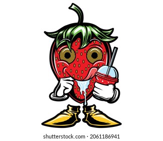 slobbering strawberry handling a cup of strawberry juice vector illustration