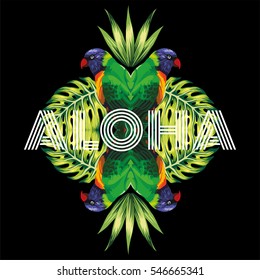 Slogan aloha tropical bird parrot, plants in the trendy mirror style on black background vector pattern