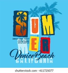 Slogan apparel graphic design idea. Summer Venice beach. Apparel graphic.Summer collection T-Shirt artwork design.