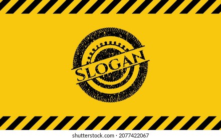 Slogan black grunge emblem inside yellow warning sign. Vector Illustration. Detailed. 
