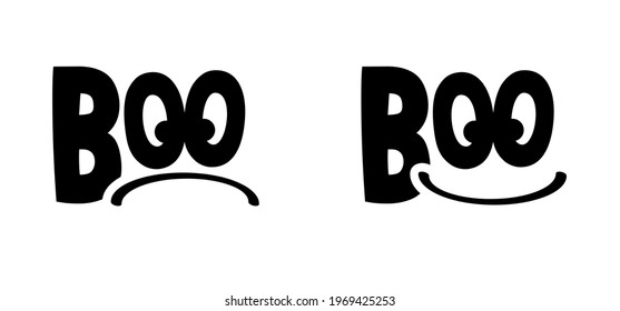 Slogan boo with eyeballs and no smiling face. Happy halloween party on 31 october fest. Ghosts pictogram. Flat vector ghost sign. Cartoon spook seamless pattern. Zombie, monster, spooky symbol.