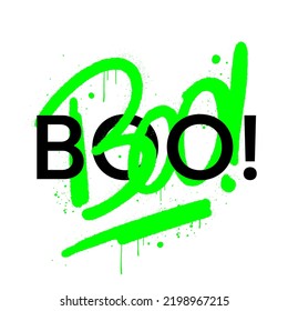 Slogan of Boo. Happy Halloween. Urban street graffiti style. Print for graphic tee. Neon green letters with black font. Concept for party decoration. Vintage retro symbol. Nostalgia for 1980s -1990s.