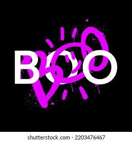Slogan of Boo. Happy Halloween. Urban street graffiti style. Print for graphic tee. Neon green letters with black font. Concept for party decoration. Vintage retro symbol. Nostalgia for 1980s -1990s.