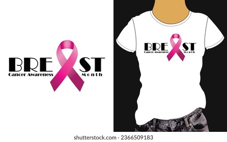 Lema: Mes de concienciación sobre el cáncer de mama con diseño vectorial de camiseta de cinta rosa listo para imprimir.