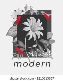 slogan with b/w flower illustration