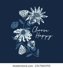 Slogan "Choose Happy" typography for t shirt printing, tee graphic design, vector illustration.