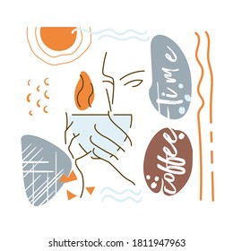 The slogan "coffee Time" is drawn on a vector abstract background. A woman with a Cup of coffee in one line, on a coffee background.