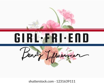 slogan with color stripe and flowers illustration