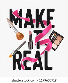 slogan with cosmetic and pink ribbon illustration