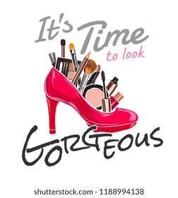 slogan with cosmetics in high heels illustration