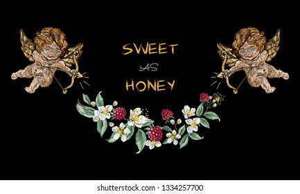 Slogan with cupids and raspberries. Vector patch for fashion apparels, t shirt, stickers, embroidery and printed tee design.