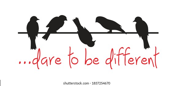 Slogan Dare To Be Different With Birds. Leadership Concept. Flat Vector Bird Sign. Manager, Employees, Being Successful Executive, Leader Followers, Setting Example, Being Different, Daring.