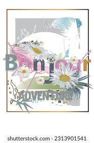 Slogan design print with the word bonjour, tropical leaves and flowers decorated with colorful mosaics. Handwritten lettering quote, slogan or saying for t shirts, covers,  wallpaper, greeting cards.