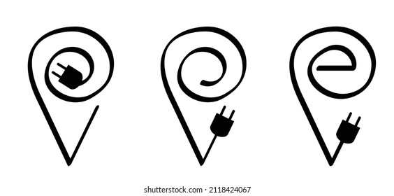 Slogan e charging point symbol. Electric cable plug, battery charger for e-bike, bicycle, car or scooter parking, power station. Vector vehicle plugging. Pinpoint, pin location. Locator mark.