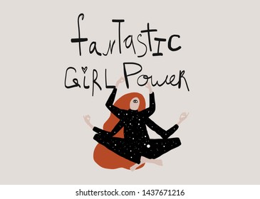 Slogan - fantastic girl power. Female cartoon figures. Flat trendy people figures. Surrealistic mystical woman. Hand drawn phrase. Creative design for banner, poster, card, print. 