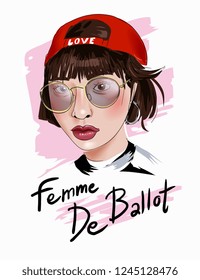 slogan with fashion girl in glasses illustration, French translation "Nerd Woman"