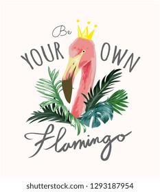 slogan with flamingo and palm leafs illustration