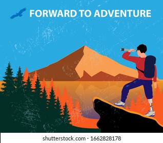 The slogan is forward to adventure. Para-athlete travel in the mountains