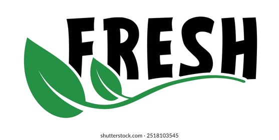 Slogan comida fresca e letras comendo. Aditivos livres, ingredientes alimentares naturais, produto orgânico. Sinal de citação. Para vegan orgânico com folhas, bio, logotipo ecológico. Comida vegetariana saudável.