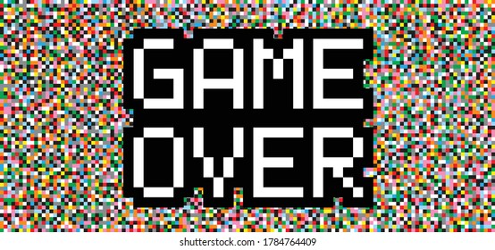 Slogan game over Screen pixel raster art icon with quote Flat design pixelated Funny vector computer squares sign Bit rasters pictogram 8-bit Game over cartoon 70s 80s years square Data display icons