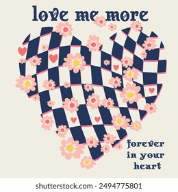 slogan graphic with daisies inside checkered heart, vector illustration, for t-shirt graphic.