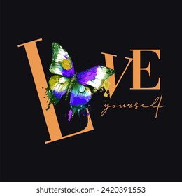 Slogan graphic print Love yourself with watercolor butterfly message vector