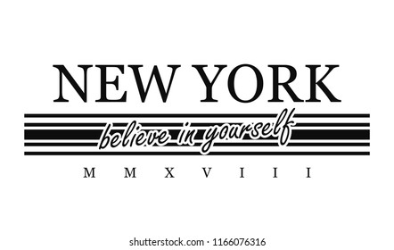 Slogan graphic for t-shirt print. T-shirt design with slogan. New York, modern typography for tee print with stripes. Vector