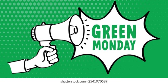 Slogan green monday. Green Monday offer takes place on the second Monday in December and is the day when many people buy last minute gifts, sale deals. Online shopping concept. 