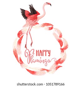 Slogan Happy Flamingo in  flamingo feathers frame and flamingo. Stock vector illustration.