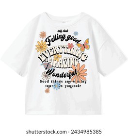 Slogan Happy Flower Vector Art Illustration. Vintage Slogan T shirt Print Design.